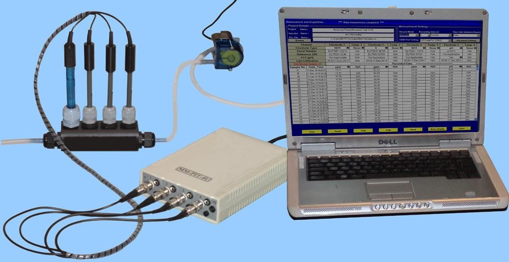 Lab system: flow cell with 4 electrodes, pump and laptop